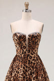 Brown Leopard Print A Line Strapless Short Homecoming Dress with Beading