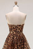 Brown Leopard Print A Line Strapless Short Homecoming Dress with Beading