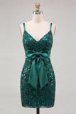 Dark Green Bodycon Sequin Homecoming Dress with Bow