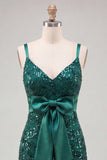 Dark Green Bodycon Sequin Homecoming Dress with Bow