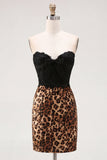 Strapless Black Lace Corset Leopard Print Bodycon Homecoming Dress