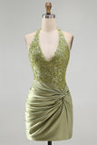 Halter Green Applique Corset Ruched Bodycon Homecoming Dress
