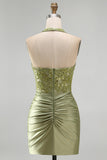Halter Green Applique Corset Ruched Bodycon Homecoming Dress
