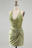 Halter Green Applique Corset Ruched Bodycon Homecoming Dress