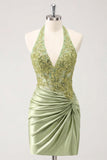 Halter Green Applique Corset Ruched Bodycon Homecoming Dress