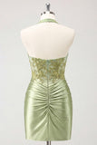 Halter Green Applique Corset Ruched Bodycon Homecoming Dress
