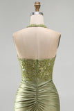 Halter Green Applique Corset Ruched Bodycon Homecoming Dress
