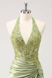 Halter Green Applique Corset Ruched Bodycon Homecoming Dress