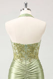 Halter Green Applique Corset Ruched Bodycon Homecoming Dress