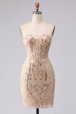 Champagne Sequin Bodycon Strapless Homecoming Dress with Lace-up Back