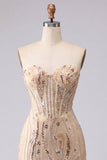 Champagne Sequin Bodycon Strapless Homecoming Dress with Lace-up Back
