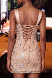 Delicate Apricot Bodycon Ruched Corset Homecoming Dress with Lace-up Back