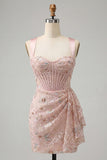 Delicate Apricot Bodycon Ruched Corset Homecoming Dress with Lace-up Back