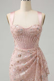 Delicate Apricot Bodycon Ruched Corset Homecoming Dress with Lace-up Back