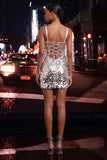 Sparkly Silver Corset Bodycon Short Homecoming Dress with Lace-up Back