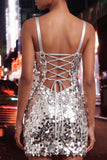 Sparkly Silver Corset Bodycon Short Homecoming Dress with Lace-up Back