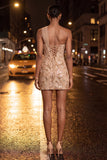 Peach Bodycon Corset One Shoulder Sequin Homecoming Dress with Sash