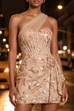 Peach Bodycon Corset One Shoulder Sequin Homecoming Dress with Sash