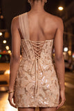 Peach Bodycon Corset One Shoulder Sequin Homecoming Dress with Sash