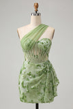 Peach Bodycon Corset One Shoulder Sequin Homecoming Dress with Sash