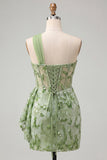 Peach Bodycon Corset One Shoulder Sequin Homecoming Dress with Sash