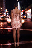 Peach Bodycon Corset One Shoulder Sequin Homecoming Dress with Sash