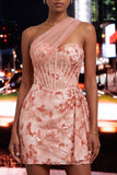 Peach Bodycon Corset One Shoulder Sequin Homecoming Dress with Sash
