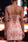Peach Bodycon Corset One Shoulder Sequin Homecoming Dress with Sash