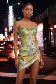 Sweetheart Green Floral Corset Ruched Bodycon Homecoming Dress with Lace-up Back