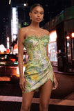 Sweetheart Green Floral Corset Ruched Bodycon Homecoming Dress with Lace-up Back