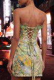 Sweetheart Green Floral Corset Ruched Bodycon Homecoming Dress with Lace-up Back