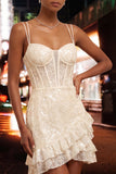 Light Blue Bodycon Corset Ruffle Sequin Homecoming Dress with Lace-up Back