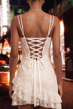 Light Blue Bodycon Corset Ruffle Sequin Homecoming Dress with Lace-up Back
