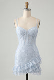 Light Blue Bodycon Corset Ruffle Sequin Homecoming Dress with Lace-up Back