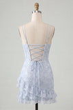 Light Blue Bodycon Corset Ruffle Sequin Homecoming Dress with Lace-up Back