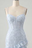 Light Blue Bodycon Corset Ruffle Sequin Homecoming Dress with Lace-up Back