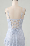 Light Blue Bodycon Corset Ruffle Sequin Homecoming Dress with Lace-up Back