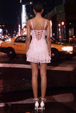 Light Blue Bodycon Corset Ruffle Sequin Homecoming Dress with Lace-up Back