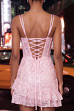 Light Blue Bodycon Corset Ruffle Sequin Homecoming Dress with Lace-up Back