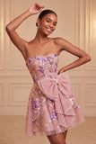 Strapless Sage Green Embroidered Pearl A Line Homecoming Dress with Bow