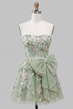 Strapless Sage Green Embroidered Pearl A Line Homecoming Dress with Bow