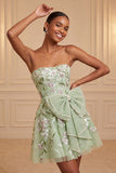 Strapless Sage Green Embroidered Pearl A Line Homecoming Dress with Bow