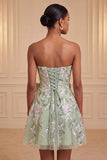 Strapless Sage Green Embroidered Pearl A Line Homecoming Dress with Bow