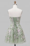 Strapless Sage Green Embroidered Pearl A Line Homecoming Dress with Bow