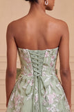 Strapless Sage Green Embroidered Pearl A Line Homecoming Dress with Bow