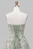 Strapless Sage Green Embroidered Pearl A Line Homecoming Dress with Bow