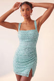 Sky Blue Bodycon Ruched Sequin Homecoming Dress with Slit
