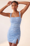 Sky Blue Bodycon Ruched Sequin Homecoming Dress with Slit