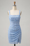 Sky Blue Bodycon Ruched Sequin Homecoming Dress with Slit