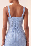 Sky Blue Bodycon Ruched Sequin Homecoming Dress with Slit